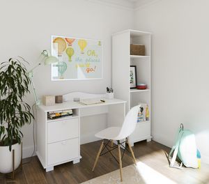 Schreibtisch, Kinderschreibtisch mit 74 cm Arbeitshöhe und zwei Schubladen und Ablagefach in weiß  Europe