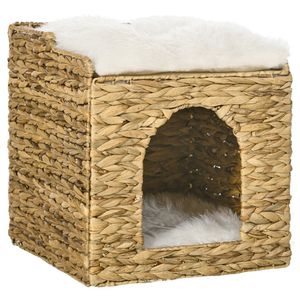 PawHut Rattan Katzenhaus, Katzenhöhle mit Kissen, Katzenhütte mit 2 Ebenen, Katzenbett, Katzenkorb für Katzen bis 5 kg, Wasserhyazinthengras, 37,5 x 37,5 x 41,5 cm, Braun