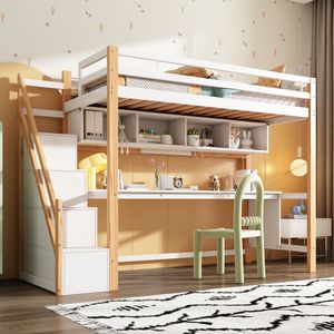 Flieks Patrová postel 90x200 cm se schody, podkrovní postel s psacím stolem a knihovnou, dětská postel s ochranou proti vypadnutí, postel pro mládež s roštovým rámem, jednolůžko z masivu, přírodní povrchová úprava