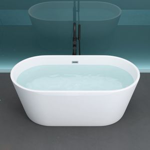 Mai & Mai freistehende Acryl-Badewanne Standbadewanne Weiß inkl. Push-Open Ablaufgarnitur 150x79x59 cm Füllmenge: 275 Liter