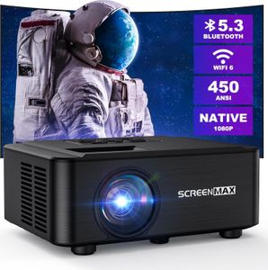 Projektor Screenmax WiFi Bluetooth, nativní projektor 1080p, 12000 lumenů, přenosné venkovní domácí kino, funkce korekce zoomu, filmy LED