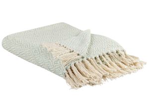 BELIANI Kuscheldecke Mintgrün und Hellbeige Baumwolle 125 x 150 cm Modern mit Fransen Handgewebt Schlafzimmer Accessoire Deko Überwurf Wohndecke