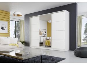 Easy Furniture Kleiderschrank mit Spiegel 270 cm Schwebetürenschrank Schrank  Garderobe Schlafzimmer- Wohnzimmerschrank ; 4 Schubladen & 2 Kleiderstangen: Farbe: Weiß Matt