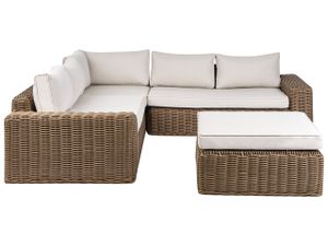 BELIANI Gartenlounge Set Braun aus Polyrattan mit Auflagen Cremeweiß Modular 6-Sitzer für 6 Personen mit Hocker Geflochtenes Design Modern Terrasse