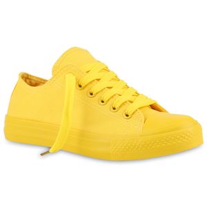 Mytrendshoe Damen Sneakers Stoffschuhe Sportschuhe Freizeit Schnürer 816741, Farbe: Gelb, Größe: 38