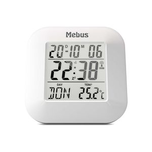 Mebus digitaler Funkwecker mit Thermometer, Datumsanzeige und Beleuchtung, Snooze-Funktion, Material: Kunststoff, Farbe: Weiß, Modell: 51511