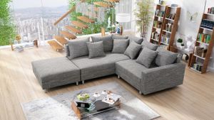 Modernes Sofa Couch Ecksofa Eckcouch in Gewebestoff hellgrau mit Hocker Minsk L