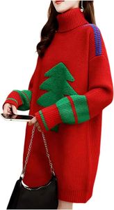 Damen-Weihnachtspullover, Rollkragenpullover, Weihnachtsbaum-Pullover, Pullover, Kleid, Baggy-Pullover, Oberteil, Rot