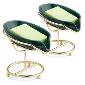Navaris 2x Seifenschale mit Ablauf - Keramik Seifenhalter Schale mit Metall Ständer - Vintage Look Seifenunterlage für Badezimmer - Seifenablage in Grün Gold