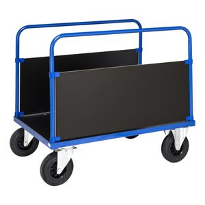 Kongamek Plattformwagen in blau 1200x800x900mm mit MDF-Platte und 2 stirnseitigen Wänden mit Gummibereifung und Bremse