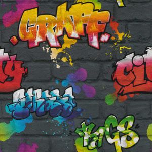 Tapete - Buntes Graffiti auf dunkelgrauen Backsteinen | Papier | Kids & Teens 2 | Rasch