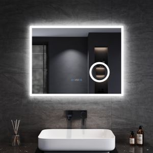 SONNI Badspiegel mit Beleuchtung LED 80x60cm mit 3-facher Vergrößerung mit Touch Helligkeit einstellbar Beschlagfrei Uhr Temperatur Lichtspiegel Touchschalter IP44 Energiesparend