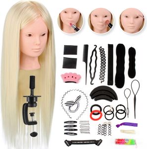 Trainingskopf 80% Echthaar mit Tischklemme und Styling-Zubehör - Friseurkopf – Übungskopf Friseur –Puppenkopf - Blondes Haar