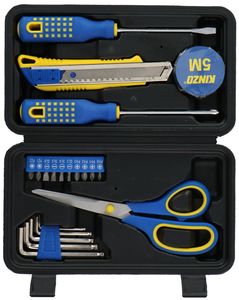 Kinzo Werkzeugsatz 21-teilig - Werkzeugkoffer gefüllt - 2x Schraubendreher, Schere, Messer, Sechskantschlüssel, Klebeband, Bits