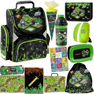 Schulranzen XXL Set 12 Teile ergonomischer Ranzen Federmappe Zuckertüte Turnbeutel Malunterlage Mappe Aktentasche Brotdose Trinkflasche Aufgabenheft für die Grundschule Game Pixel Motiv