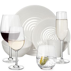 Melamin Camping Geschirr Set 4 Personen Crema 16 Teilig + 16 Tiamo Gläser Wassergläser Weingläser Champagner-Gläser Flûtes Tafelgeschirr Picknick BBQ Kochgeschirr