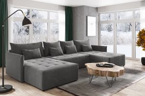 Wohnlandschaft Leno U mit Schlaffunktion - U-Form Couch, Ecksofa mit Bettkasten, Couchgranitur mit Bettfunktion, Schlafsofa, Big Sofa - Velours Stoff (Dunkelgrau (Kronos 22))