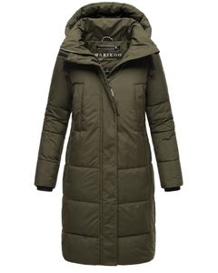 Marikoo Damen Winter Steppjacke Recycelt Vegan gefüttert Stepp Jacke lang warm Mantel Parker Kragen mit abnehmbarer Kapuze Laryaa XVI Dunkel Olive Gr: 42 - XL