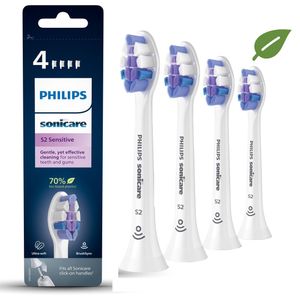 Philips Sonicare Bürstenköpfe, S2 Sensitive Bürstenkopf mit besonders weichen Borsten für empfindliche Zähne und Zahnfleisch, Weiß, 4er-Pack, (Modell