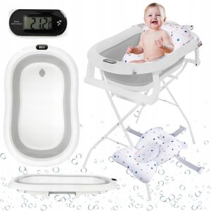 Primabobo Faltbare Babybadewanne Premium mit Gestell, Badekissen, Thermometer, Baby Badewanne klappbare, Babywanne mit Ständer für Babys, Grau