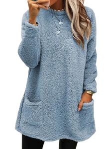 Frauen Fuzzy Fleece Pullover Urlaub Langarm T-Shirt Mit Taschen Einfache Oberteile, Farbe: Hellblau, Größe: Xl