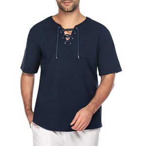 Herren Baumwolle Leinen V-Ausschnitt Kurzarm Tops Lässige Lose T-Shirts Bluse Pullover,Farbe: Dunkelblau,Größe:S