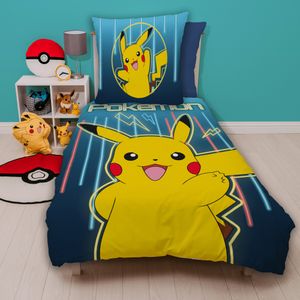 Pokemon Bettwäsche für Kinder mit Pikachu 135x200 80x80 cm Linon aus 100% Baumwolle Motiv Glow mit Poké-Ball