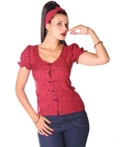 SugarShock Mary-Kate 50s retro Polka Dots Puffärmel Bluse , Größe:S, Farbe:burgund