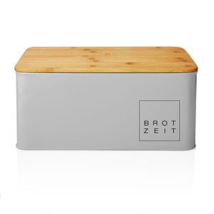 Lumaland Cuisine Brotkasten Brotdose Brotbox aus Metall mit Bambus Deckel, Brotbehälter rechteckig, 30,5 x 23,5 x 14 cm Hellgrau