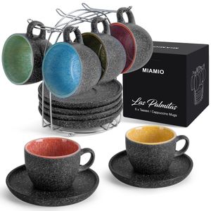MIAMIO - Cappuccinotassen Set 6 teilig mit Untertassen & Ständer (6 x 190 ml)