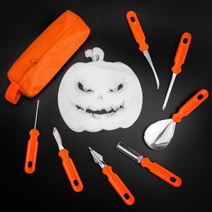 PRECORN Halloween Kürbis Schnitzset Schnitzwerkzeuge - 7-teiliges Werkzeugset mit 6 Kürbisschnitz Vorlagen für Kürbisschnitzen Familien-Spaß Dekoration