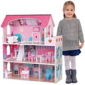 REVENTO XXL Puppenhaus aus Holz, Puppenhaus mit Möbel und Zubehör, Puppen Haus Spielzeug für Mädchen