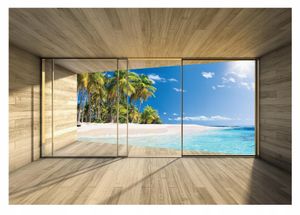 Vlies Fototapete Fenster 3D Effekt Strand Meer Natur Karibik (312x219 cm - inklusive kleister) Wohnzimmer Schlafzimmer Modern Wandtapete Motivtapeten XXL Tapete Vliestapete UV-Beständig Montagefertig