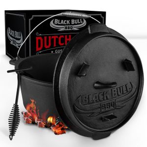 Black Bull BBQ Dutch Oven Set [9L] – Eingebrannter Feuertopf aus Gusseisen mit Füßen & Deckel – mit Spiralgriff für optimalen Halt – inkl. Deckelheber