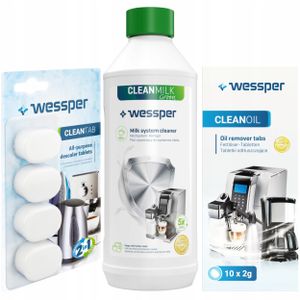 Sada pro kávovary Wessper: Clean Milk Green 500 ml, Clean Tabs 4 ks odvápňovacích tablet, Clean Oil 10x2 g odmašťovacích tablet