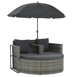 vidaXL 2-Sitzer-Gartensofa mit Auflagen und Sonnenschirm Grau Poly Rattan