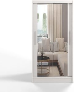 Easy Furniture C7 Schiebetüren Kleiderschrank 100 cm mit Spiegel - Schlafzimmermöbel, Aufbewahrung - Mehrzweckschrank - Farbe: Weiß
