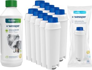 Sada pro kávovary: 10x Wessper AquaLunga filtrační vložka pro kávovary DeLonghi (SER3017 DLS C002) + Wessper CleanMax 500ml odvápňovač vodního kamene