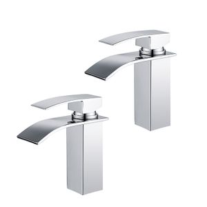 2x Wasserhahn Bad wasserfall Badarmatur Messing Waschtischarmatur für Badezimmer Einhandmischer Waschbecken Armatur Verchromt Silber