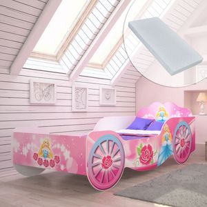 Kutsche Kinderbett Mädchenbett 80x160 | 70x140 mit Rausfallschutz und Matratze | Prinzessin Kinder Spielbett 160x80