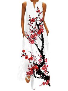 Sommerkleid Damen Strandkleid Lang Kleid Ärmellose Leicht Maxikleider mit Taschen Stil-B,Größe XL