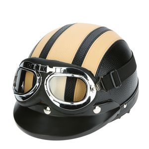 Motorrad Roller Open Face Halbes Leder-Helm Winter Winddichter Helm mit Visier UVschutzbrille Retro Vintage Style 54-60cm