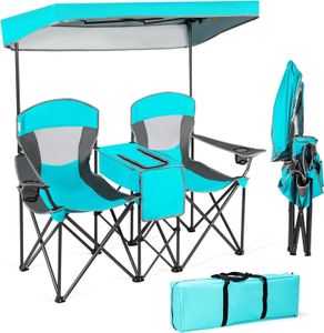KOMFOTTEU Campingstuhl klappbar für 2 Personen, Angelstuhl mit verstellbar Sonnendach, Strandstuhl mit Seitentisch/Getränkehalter(Türkisblau)