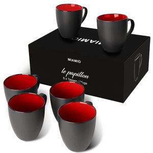 MIAMIO - 6 x 350 ml Kaffeetassen Set Außen Schwarz Innen Farbig (Rot)