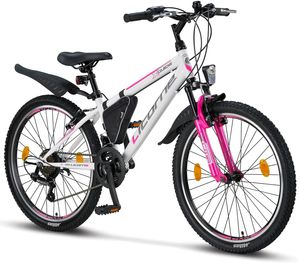 Licorne Bike Guide Premium Mountainbike in 20, 24 und 26 Zoll - Fahrrad für Mädchen, Jungen, Herren und Damen - Shimano 21 Gang-Schaltung, Kinderfahrrad, Kinder, Farbe:Weiß/Rosa, Zoll:24