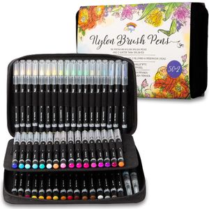 Brush Pen Set - 50er Pinselstifte Set von Colorya mit Nylonspitze + 2 Wassertankpinsel und Tragetasche, Perfekt für Malbücher für Erwachsene, als Handlettering Stifte für Kalligraphie, Manga Stifte
