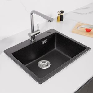 Auralum Granitspüle Küche mit 1 Becken - 55 x 45 x 20 cm Spülbecken mit Siphon Waschbecken Küche - Einbauspüle Arbeitsplatte Küchenspüle