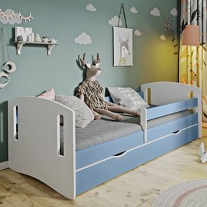 Selsey - Kinderbett MIRRET Weiß/Blau mit Rausfallschutz, Matratze und Schubkasten, für Mädchen/Jungen, 180x80 cm