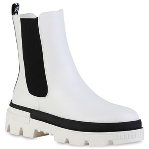 VAN HILL Damen Stiefeletten Chelsea Boots Profil-Sohle Stiefel Print Schuhe 839527, Farbe: Weiß Schwarz, Größe: 38