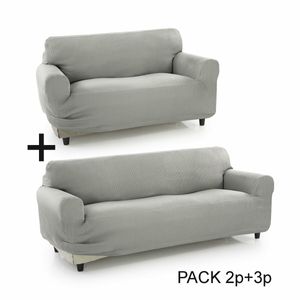 SOFAKOVER® superelastischer Sofabezug, Packung x2, Bezug für 3- und 2-Sitzer-Sofa, mit exklusivem Design, atmungsaktiv, 2+3-Sitzer, hellgraue Farbe